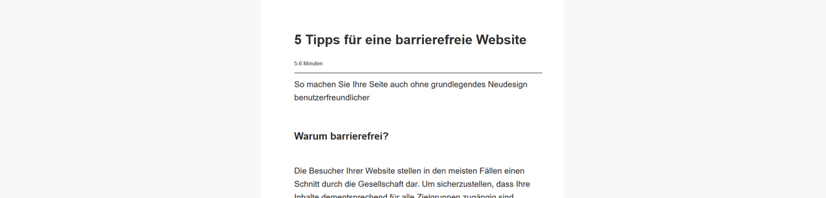 Beispieldarstellung des Artikels "5 Tipps für eine barrierefreie Website" im Firefox Lese-Modus