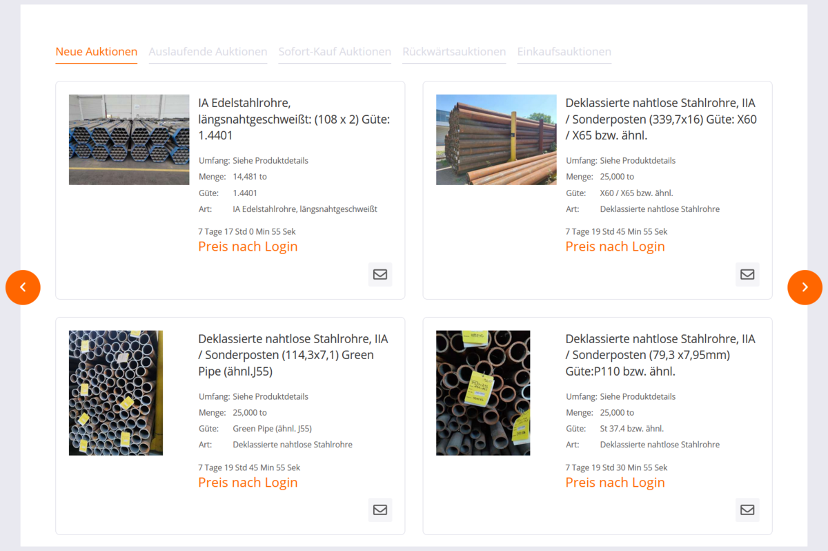 Screenshot einer Auktionsplattform mit verschiedenen Auktionen